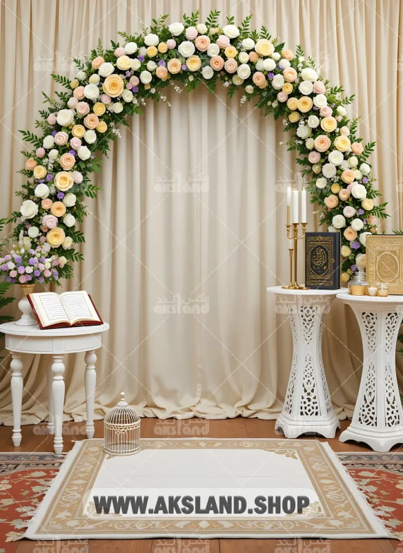 فون عکاسی حرفه‌ ای جشن تکلیف با طاق گل رز سفید و صورتی، قرآن و عناصر مذهبی روی پرده حریر کرم رنگ