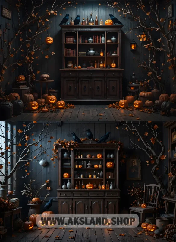 بک گراند عکاسی هالووین با طراحی کابینت چوبی آنتیک، کدو تنبل‌های نورانی و کلاغ‌ های سیاه مناسب آتلیه عکاسی