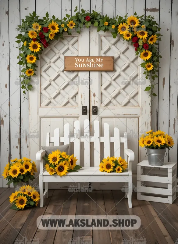 بک‌ گراند عکاسی روستیک با نیمکت سفید، درب چوبی و گل‌های آفتابگردان مناسب برای عکاسی کودک، خانوادگی و بارداری